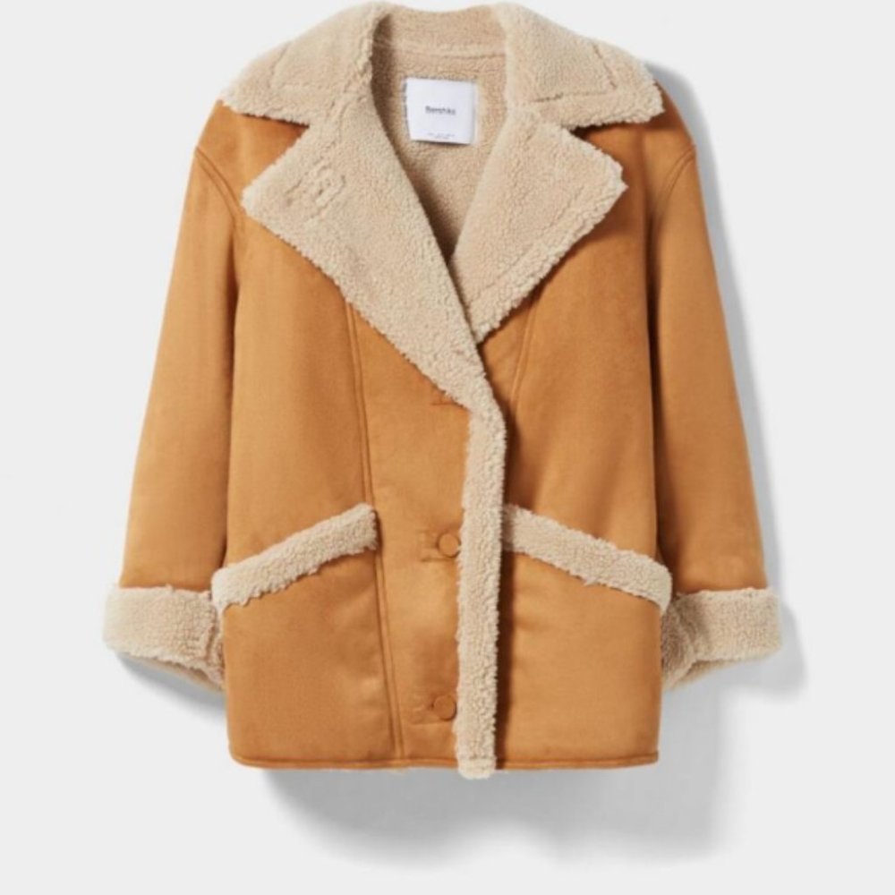 Bershka Buttoned Double-Faced Jacket Light Brown Size Medium